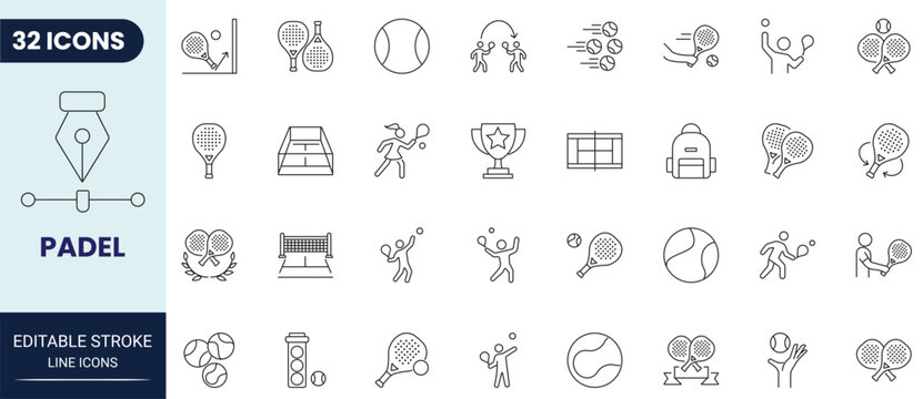 Padel icon set in outline style. Editable stroke. Vector icon collection.