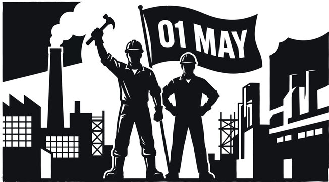 Two workers with flag celebrating may 1st in a factory