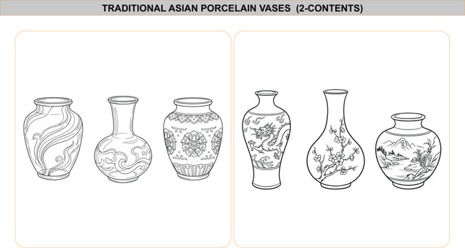 Black and white line art vector illustration set of traditional Asian porcelain vases with dragon, floral, and landscape pattern designs.