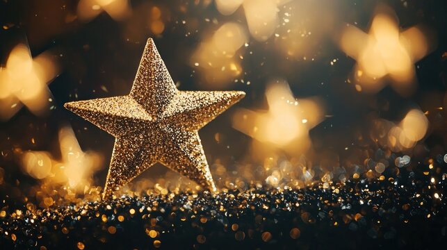 A single star ornament against a bokeh background with golden lights.