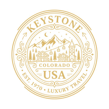 Vintage Keystone Colorado luxury travel emblem featuring mountains and ski resort vector illustration