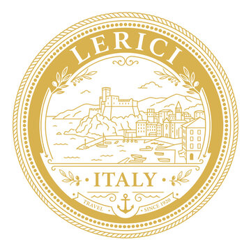 Vintage Lerici Italy travel seal featuring castle and coast gold vector illustration