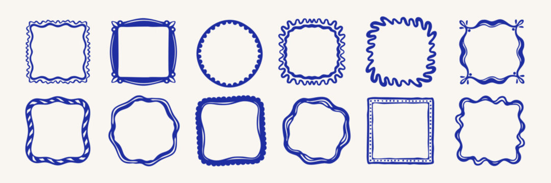 Hand drawn frame set with decorative wavy borders. Doodle square border box simple design. Vector illustration.