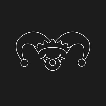 Jester Hat with Smiling Clown Face Line Art Icon on Black Background