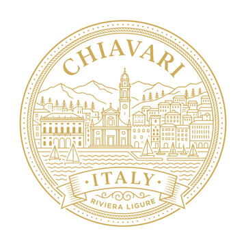 Chiavari Italy Riviera Ligure coastal town emblem with architecture and sailboats vector illustration