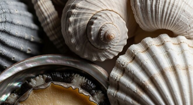 Close-up Macro View of Assorted Seashells and Abalone Shell.