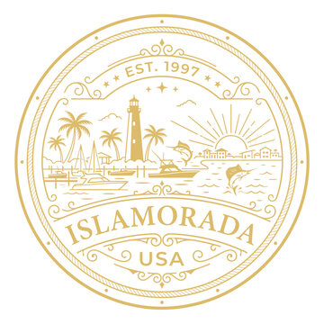Islamorada Florida nautical seal with lighthouse and marlin gold vector illustration