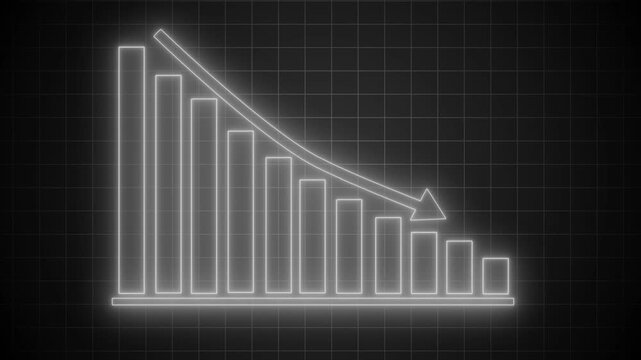Neon declining bar chart with down arrow animation on black background