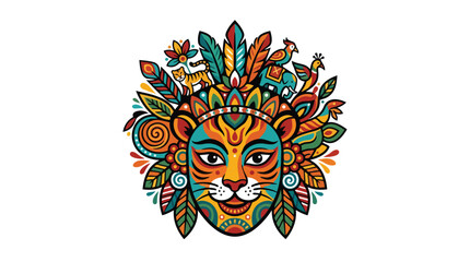 Fototapeta premium Vibrant Bengali Tiger Mask Illustration with Traditional Indian Cultural Elements and Animals for Pohela Boishakh Celebration