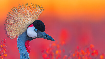 Fototapeta premium Grey crowned crane with golden crest against a orange and pink blurred background
