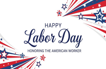 Fototapeta premium Festive labor day graphic with stars and red white and blue bursts
