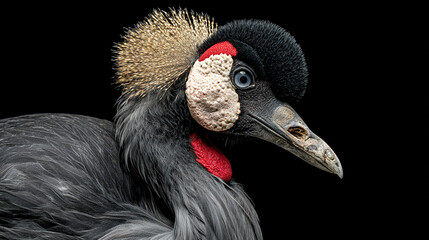 Fototapeta premium Close up portrait of a grey crowned crane with striking features and black, wildlife
