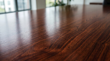 Fototapeta premium Close-up of polished wood textures on a table surface in a modern office environment