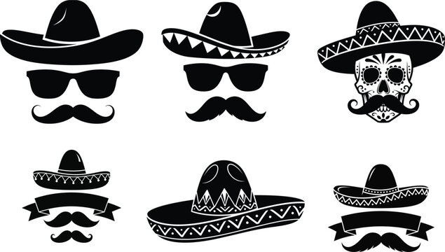 Mexican sombrero and mustache vector set, black and white mariachi icons with sugar skull and sunglasses, traditional fiesta party graphic elements