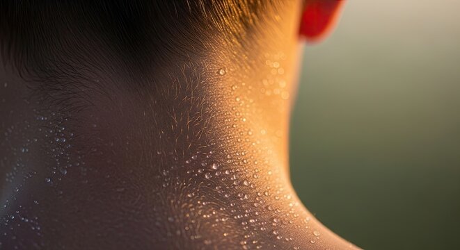 Close up of sweat on man's neck at sunset