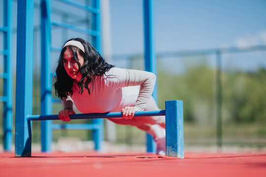 A woman performs a parallel-bar push-up on blue outdoor fitness equipment. The athlete trains strength and balance on a sunny sports court.