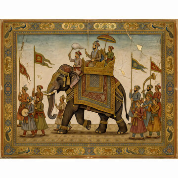 An elaborate historical painting depicts a regal indian ruler seated atop a decorated elephant during a procession high quality professional detailed