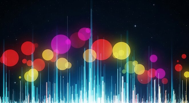 Abstract digital sound wave visualization with colorful bokeh lights.