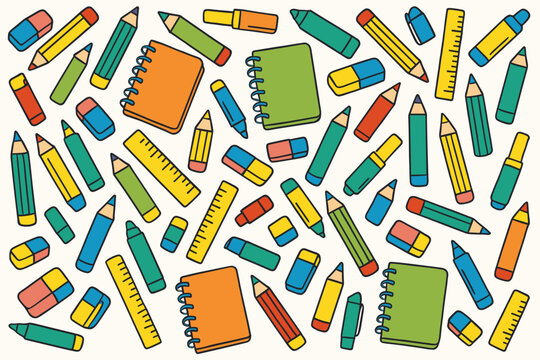 Kids Stationery Pattern Repeating color pencils markers erasers rulers and notebooks for school supplies wrapping paper and fabrics.