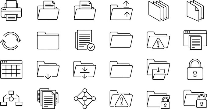 Set of 24 folder outline icons. Linear file and document folder icon collection with editable stroke vector illustratio eps