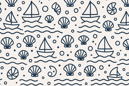 Ocean Line Pattern Repeating simple waves boats shells and bubbles for packaging and summer textiles.