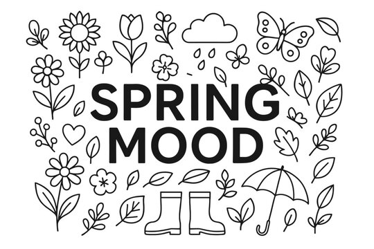 Spring Mood Line Icons Poster Spring mood poster with big title text 'Spring Mood' in center surrounded by line icons of flowers leaves butterflies clouds boots and umbrella for designs.