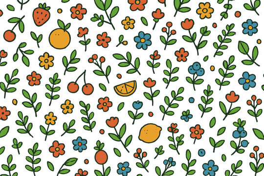 Pattern mixing tiny fruits flowers seeds sprigs leaves curls and berries for stationery and playful packaging.