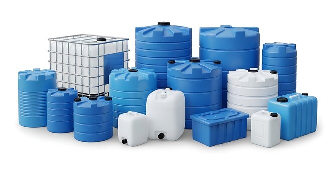 Collection of various industrial plastic water storage tanks isolated on white background