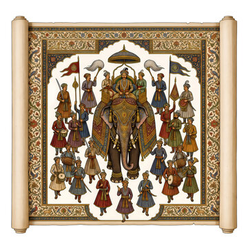 An ornate vintage painting depicts a royal procession featuring an elephant carrying a king surrounded by attendants and flags high quality