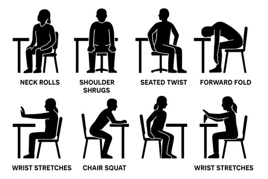 Silhouettes of office stretches at desk including neck rolls shoulder shrugs seated twist forward fold chair squat and wrist stretches for ergonomics guides.