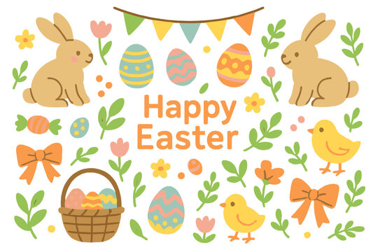Easter and spring graphics with decorated eggs rabbits flowers baskets bows candies chicks leaves and simple bunting for family activities.