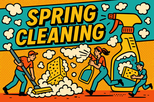 Comic style banner for spring cleaning with giant spray bottle sponge mop foam and tiny cleaners running around.