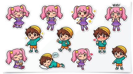 Fototapeta premium A group of children with pink hair and brown hair are depicted in various playful poses and outfits.