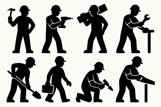 Worker builder contractor silhouette set multiple poses tool actions.
