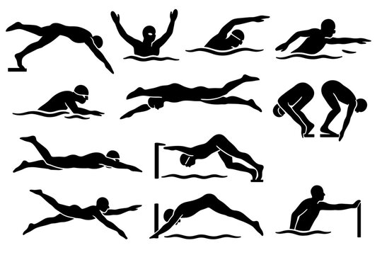 Swimmer athlete silhouette set showing strokes dives turns and finish motions.