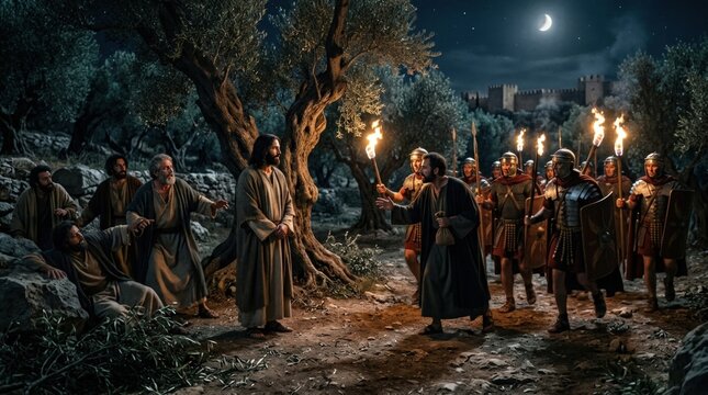 Betrayal in olive grove, Jesus Christ with disciples facing Roman soldiers, torchlight illuminates dark night, significant historical moment