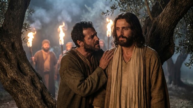 Jesus Christ encountered by a false apostle in dark olive grove, somber night, ancient treachery, religious narrative, ultimate sacrifice, spiritual redemption