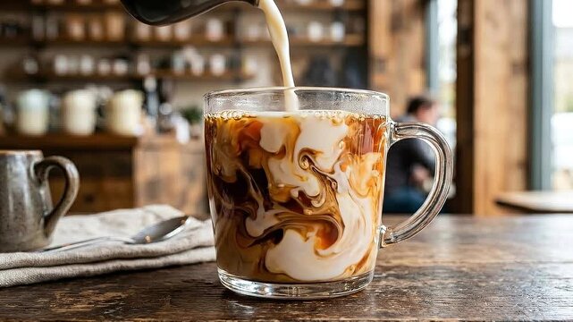 Sustainable morning routine coffee glass pour milk swirl cafe wooden table pouring milk glass swirl cozy atmosphere