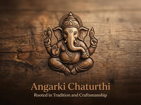 Ganesha statue on wooden background with angarki chaturthi text