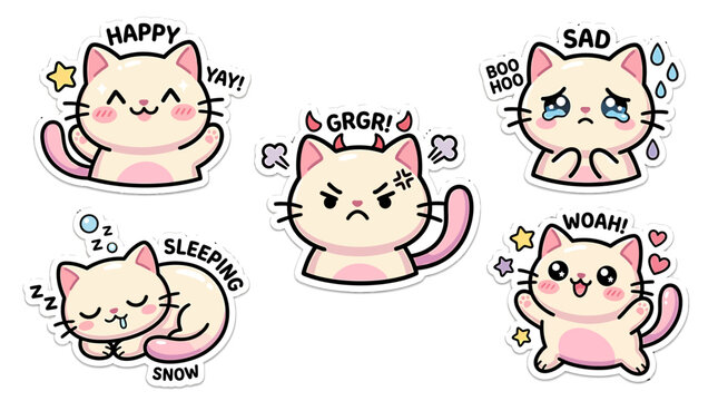 Cute cartoon cat faces show various happy, sad, angry, sleeping, and moaning emotions.