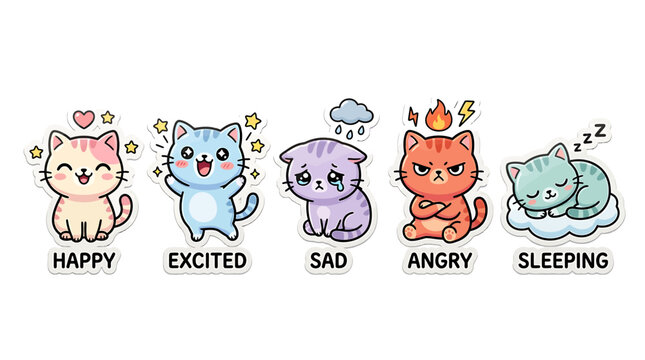 Cute cartoon cats display various emotions in a colorful illustration