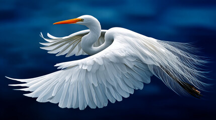 Obraz premium Great egret bird with wings spread flying over dark blue water, animal kingdom