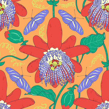 Hothouse seamless pattern with bold red passion flower and blue zebra longwing butterfly. Tropical botanical art with hand drawn floral elements on a warm orange background