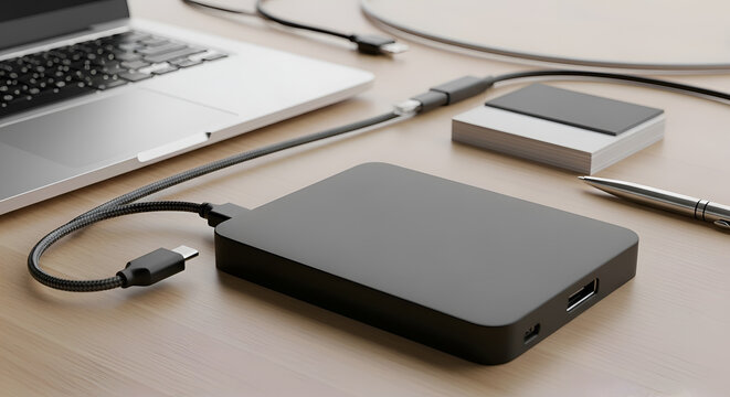 External hard drive on office desk.