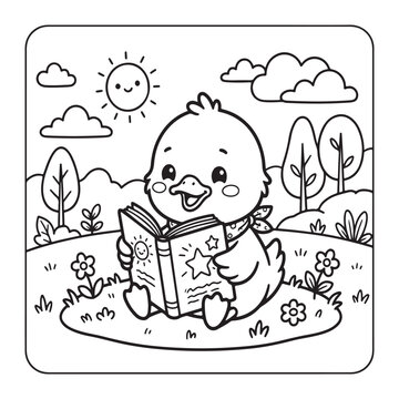 Duckling Reading Book Coloring Page for Kids Cute Kawaii Simple Line Art Fun Design