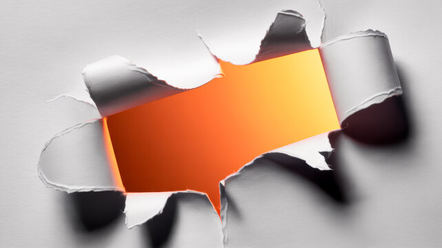 Bright orange rectangular shape visible through a jagged hole torn in white paper texture creating a bold minimalist visual effect