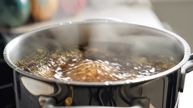 Closeup of Herbs and Spices Simmering in Boiling Water in a Pot.