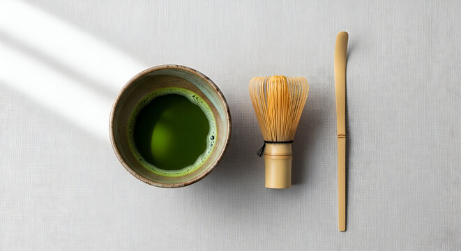 matcha green tea set with bowl and bamboo whisk