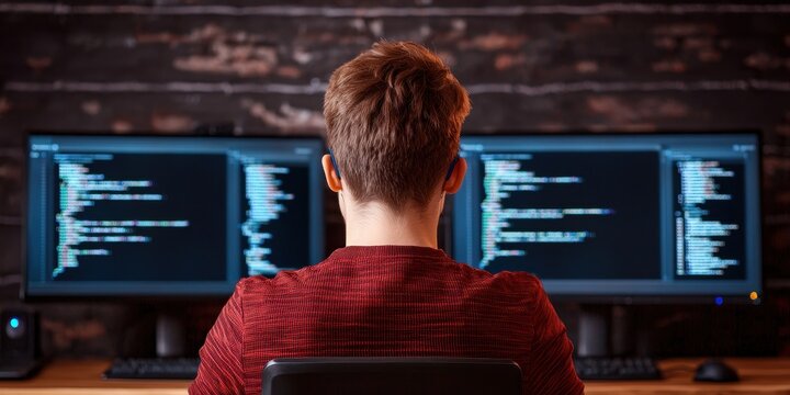 workshops instruction practical concept. Programmer working on code displayed on three monitors in a tech workspace.