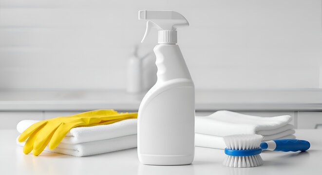 Cleaning supplies on white surface.